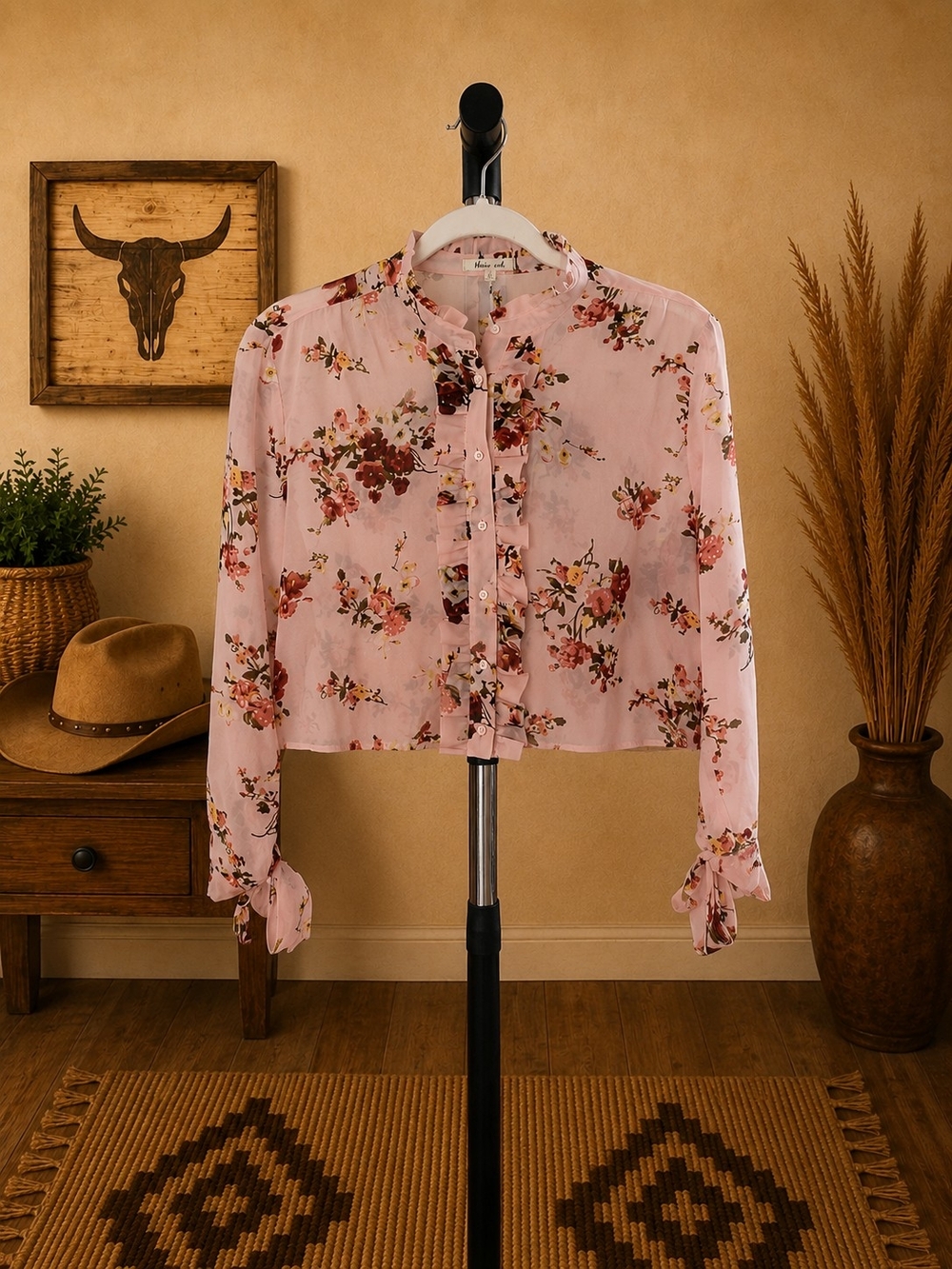 Blueh Ceil, Women's Pink And Rust Floral Ruffle Button-Front Blouse, L